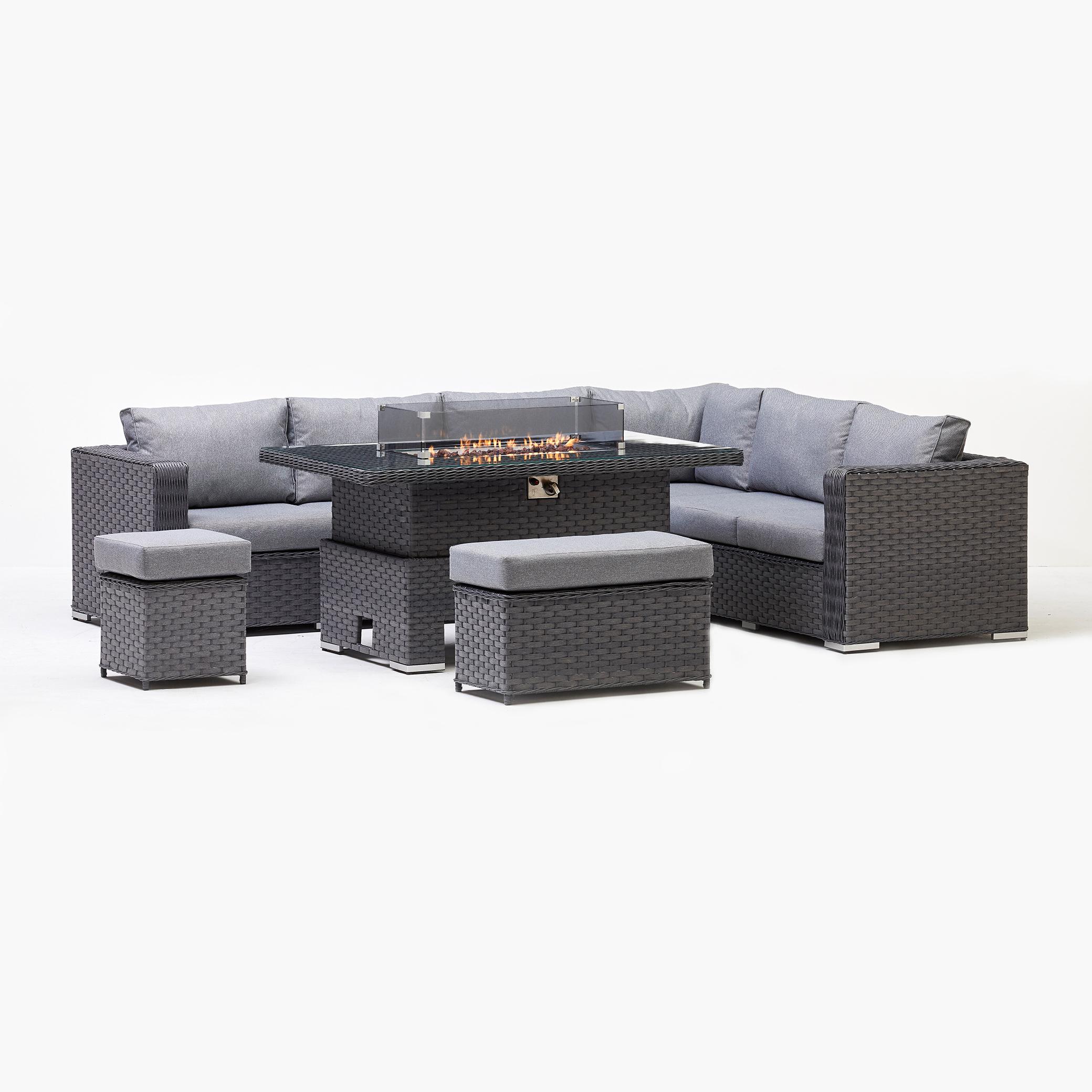 Orchid Corner Rising Dining Set, Firepit & Rain Cover in Grey