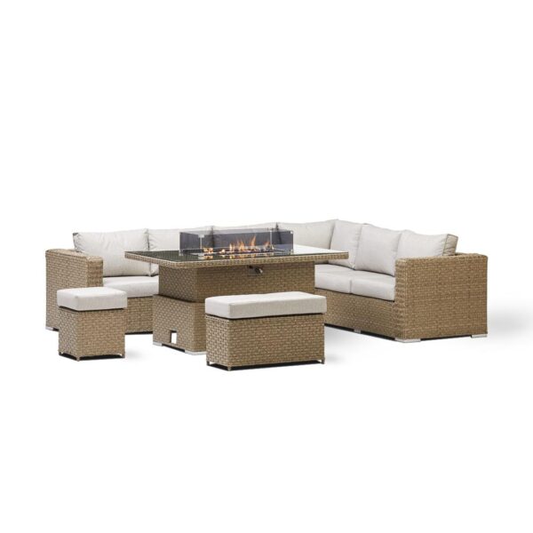 Orchid Corner Rising Dining Set, Firepit & Rain Cover in Natural