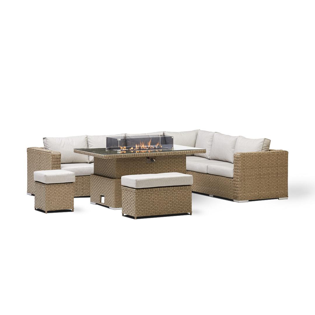 Orchid Corner Rising Dining Set, Firepit & Rain Cover in Natural